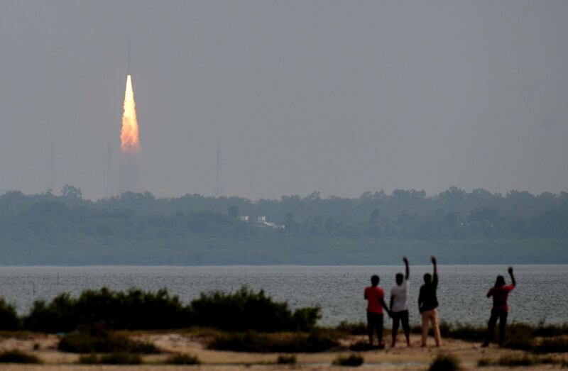 The Indian Space Research Organisation's (ISRO) earth observation satellite HysIS is launched on board the Polar Satellite Launch Vehicle (PSLV-C43) at the Satish Dhawan Space Centre (SDSC) in Sriharikota on  November 29, 2018. The Indian satellite was launched alongwith 29 other satellites developed by Australia, Canada, Columbia, Finland, Malayasia, Netherlands, Spain, and 23 from the United States. / AFP / Arun SANKAR
