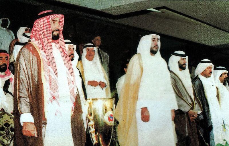 Sheikh Zayed, Founding President of the UAE, left, and Sheikh Khalifa, current President of the UAE, attend the inauguration of Zayed Sports City in 1980. Courtesy Zayed Sports City