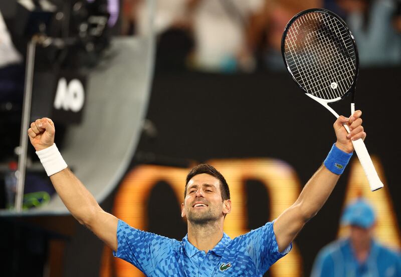 Serbia's Novak Djokovic celebrates after winning his first-round match at the Australian Open against Spain's Roberto Carballes Baena in the Rod Laver Arena at Melbourne Park on January 18, 2023. Reuters