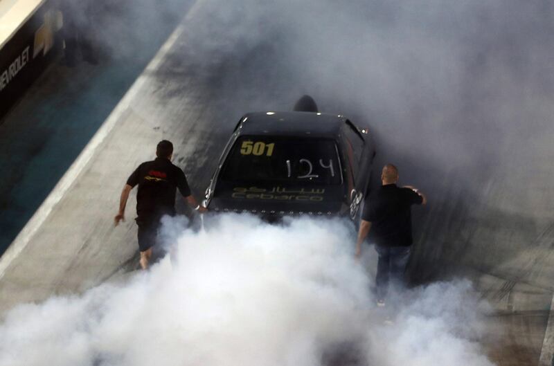 ABU DHABI , UNITED ARAB EMIRATES , APRIL 19 - 2018 :- One of the participant taking part in the drag racing at the Yas Super Street Challenge event held at Yas Marina Circuit in Abu Dhabi. ( Pawan Singh / The National ) For Weekend. Story by Adam Workman