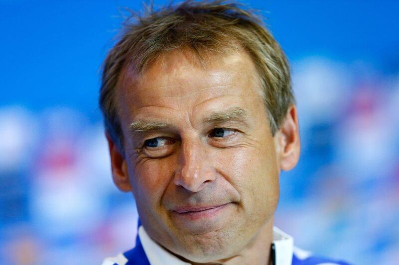 Jurgen Klinsmann of the US speaks at a press conference on Monday ahead of his side's Tuesday match against Belgium at the 2014 World Cup. Kevin C Cox / Getty Images / June 30, 2014