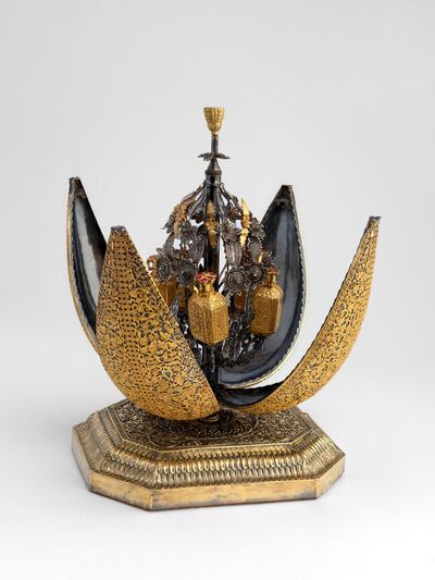 A silver and gold perfume holder in the form of a lotus bud, presented to the Prince of Wales by Jashwant Singh ii, Maharaja of Jodhpur. 
<br/>
<br/>Royal Collection Trust / Ã‚Â© Her Majesty Queen Elizabeth II 2017. Single use only. Not to be archived or sold on.
<br/>