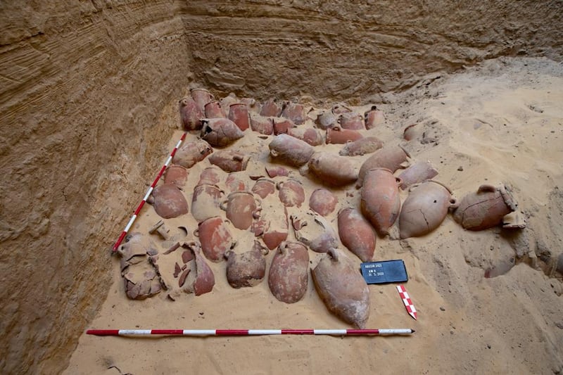 Hundreds of clay urns found in a burial shaft dating back to the 26th dynasty of ancient Egypt, found at the Abusir necropolis near Cairo. Photo: Ministry of Tourism & Antiquities