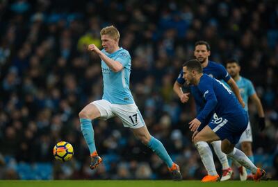 epa06579749 Manchester City’s Kevin De Bruyne (L) in action with Chelsea’s Eden Hazard (R) during the English Premier League soccer match between Manchester City and Chelsea FC held at Etihad stadium, Manchester, Britain,  04 March 2018.  EPA/PETER POWELL EDITORIAL USE ONLY. No use with unauthorized audio, video, data, fixture lists, club/league logos or 'live' services. Online in-match use limited to 75 images, no video emulation. No use in betting, games or single club/league/player publications.