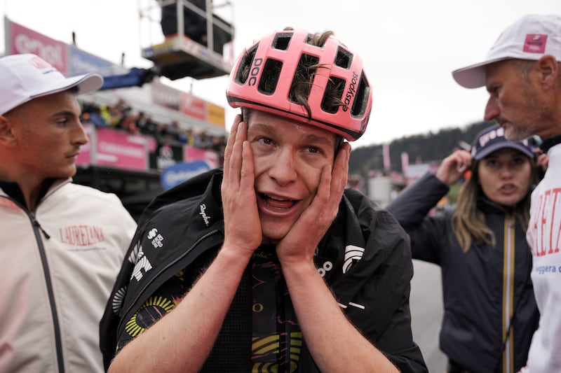Georg Steinhauser after his victory, which saw him win the stage by one minute, 24 seconds over Tadej Pogacar. AP