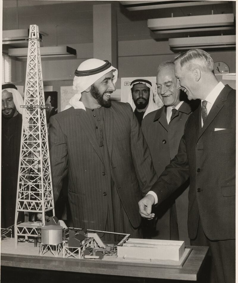 Sheikh Zayed with Sheikh Sultan bin Suroor Al Dhaheri and Sheikh Mubarak bin Qarran Al Mansoori. Photo: Akkasah, al Mawrid