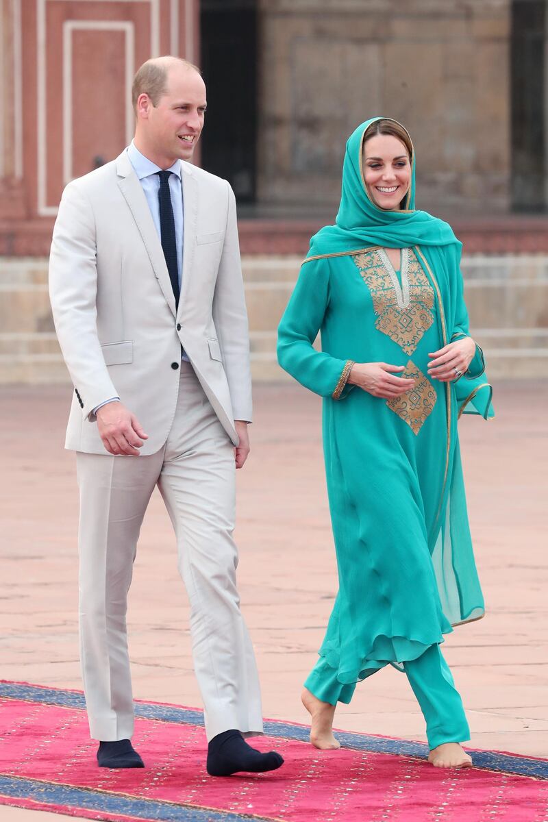 Prince William, Duke of Cambridge and Catherine, Duchess of Cambridge visit the Badshahi Mosque within the Walled City during day four of their royal tour of Pakistan on October 17, 2019 in Lahore, Pakistan.