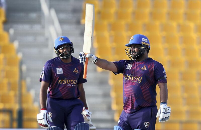ABU DHABI , UNITED ARAB EMIRATES , Nov 19 – 2019 :- Mohammad Shahzad of Deccan Gladiators celebrating after scoring his half century during the Abu Dhabi T10 Cricket match between Qalanders vs Deccan Gladiators at Sheikh Zayed Cricket Stadium in Abu Dhabi. ( Pawan Singh / The National )  For Sports. Story by Paul