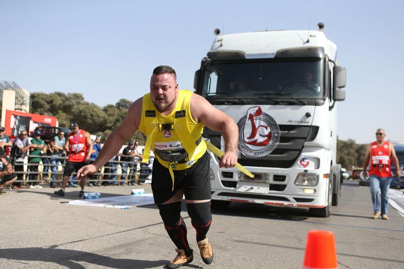 AMMAN, JORDAN- OCTOBER 20: Slovenian athlete Matjaz Belsak competes at the truck-pull competion of the World's Strongest Man event that takes place for the first time in the Middle East on October 20, 2017 in Amman, Jordan. ( Photo by Salah Malkawi/ Getty Images)