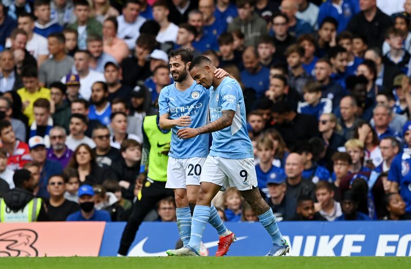 Gabriel Jesus of Manchester City celebrates scoring the first goal on Saturday. Getty