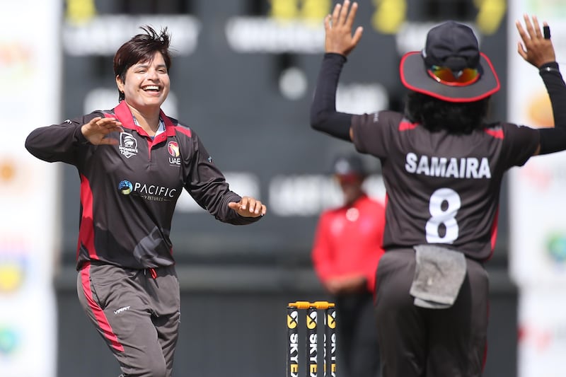 UAE Chaya Mughal celebrates the key wicket of her opposite number, Winifred Duraisingham, in the final of the ACC Women's T20 Championship against Malaysia in Kuala Lumpur. 
The national team beat the host nation by five wickets in Saturday’s final. Photo: Malaysia Cricket Association