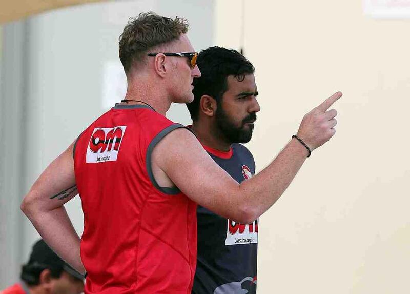 UAE cricket team interim coach Dougie Brown, left, talks to Mohammed Usman during the second one-day international match against Ireland at the ICC Academy in Dubai. The Emirates Cricket Board announced on Sunday, May 28, 2017 Brown was appointed full-time national team coach. Satish Kumar / The National