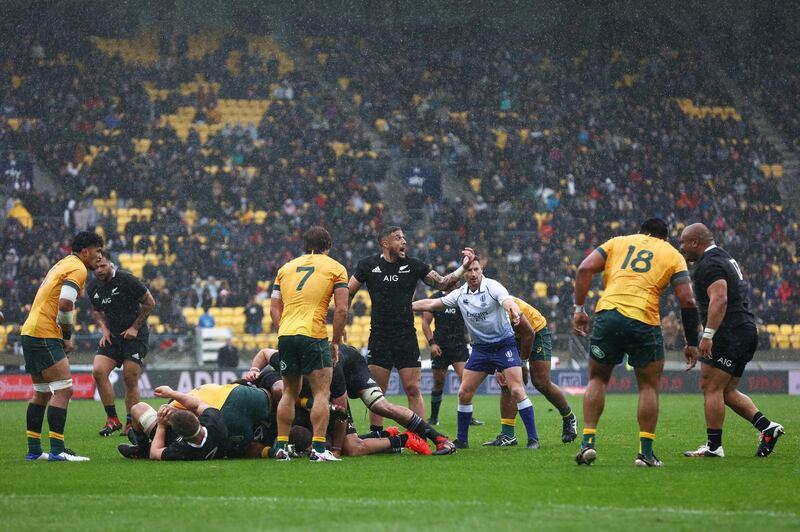 TJ Perenara of the All Blacks signals to teammates during the Bledisloe Cup match between the New Zealand and the Australia at Sky Stadium. Getty Images