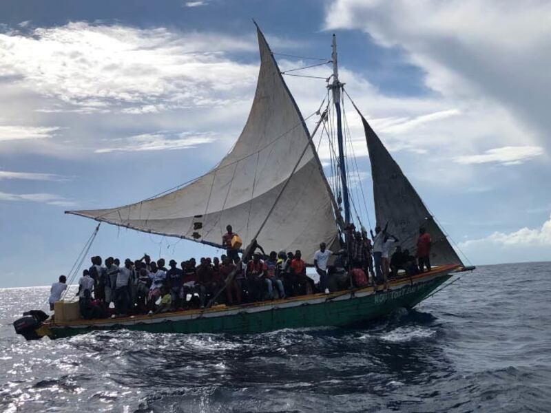 More than 100 migrants aboard a 35-foot sailing vessel was interdicted by a Coast Guard Station Miami law enforcement crew near Biscayne Bay, Florida, US, September 16, 2021.  US Coast Guard/Handout via REUTERS