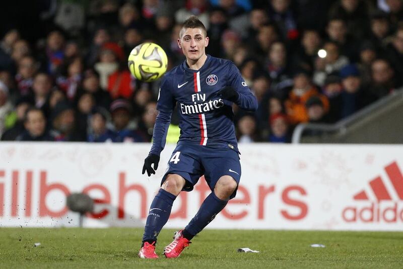 Marco Verratti of PSG in action during the French Ligue 1 match between Olympique Lyonnais (OL) and Paris Saint-Germain FC (PSG) at Stade de Gerland on February 8, 2015 in Lyon, France. (Photo by Jean Catuffe/Getty Images) 