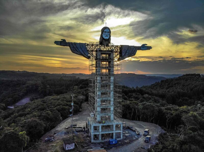 View of a statue, named Christ the Protector, being built in Encantado, Rio Grande do Sul state, Brazil. AFP