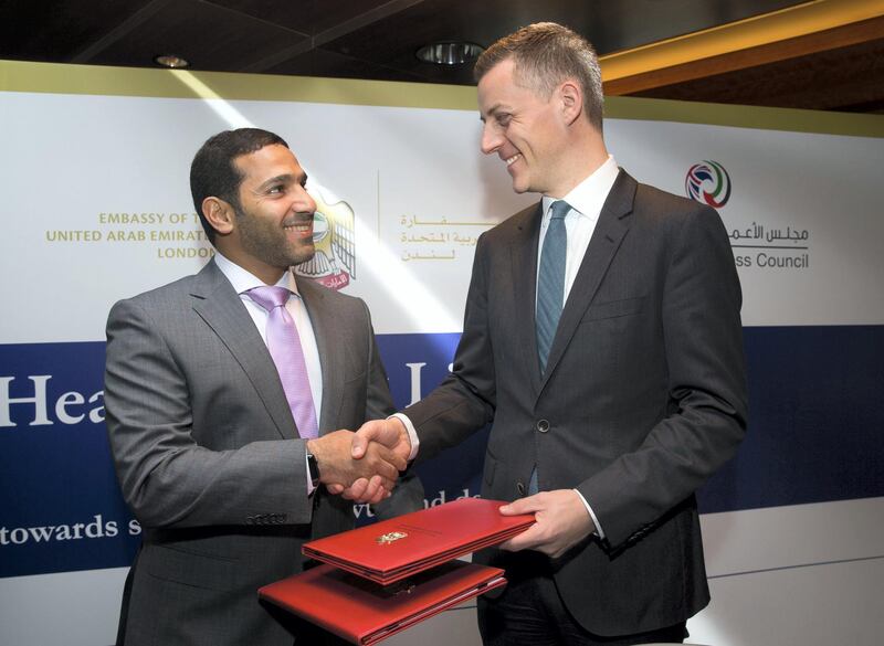 LONDON 24th April 2018. Mohamed Hamad Al Hameli, Acting Undersecretary of Department of Health, Abu Dhabi at a signing ceremony with Lord O'Shaughnessy, the UK's Parliamentary Under Secretary of State for Health at the UAE Healthcare & Life Sciences Forum in London. Picture: Stephen Lock for the National 