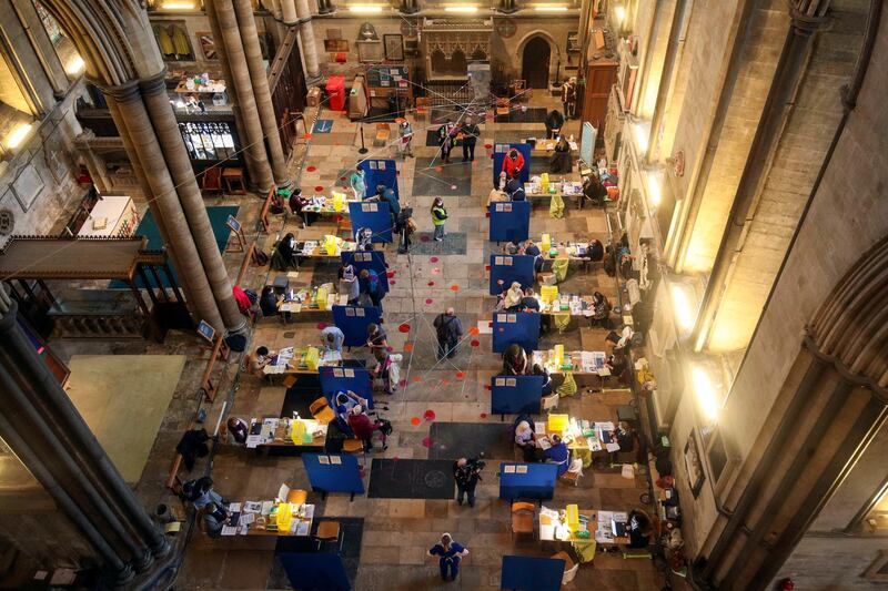 Cubicles inside Salisbury Cathedral for people to receive a dose of the Pfizer-BioNTech coronavirus vaccine, in Salisbury. AP Photo