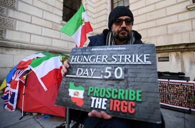Vahid Beheshti during his protest outside the Foreign Office in London in April 2023. EPA