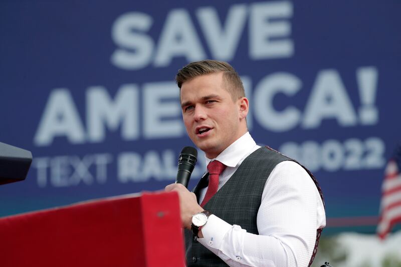 US Congressman Madison Cawthorn speaks at a rally for former president Donald Trump. AP