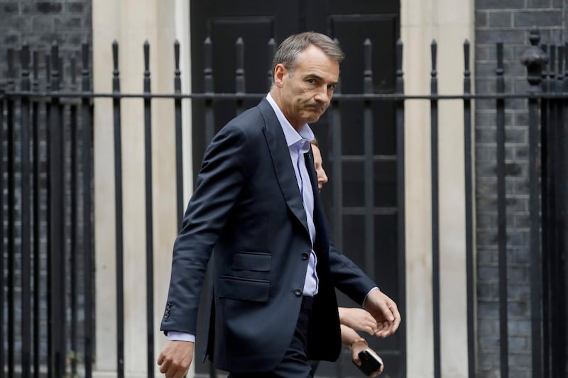 Bernard Looney the CEO of oil and gas company BP walks into 10 Downing Street in London, Friday, Sept. 11, 2020. (AP Photo/Matt Dunham)