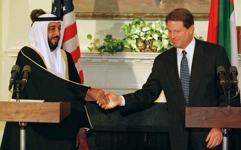 Sheikh Khalifa shakes hands with the former US vice president Al Gore, during a ceremony at the White House. AP Photo / May 12, 1998