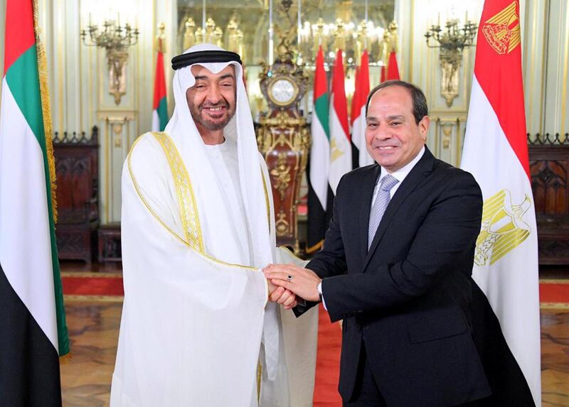 President Sisi receives Sheikh Mohamed at Ras al-Tin Palace. EPA