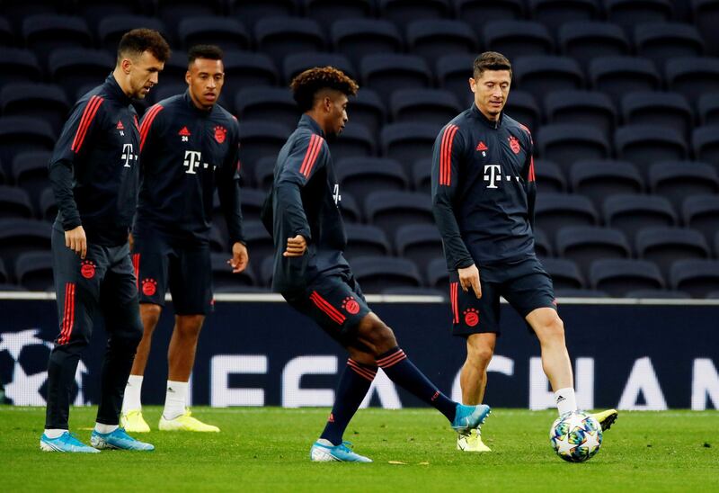 Bayern Munich's Robert Lewandowski, Corentin Tolisso and Ivan Perisic during training. Reuters