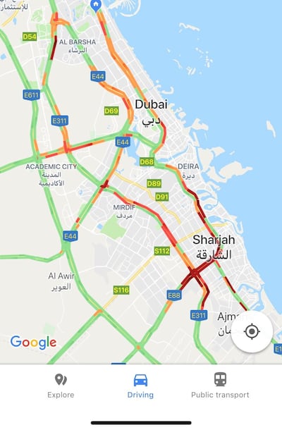 A traffic image shows the extent of the hold-ups around Sharjah first thing on Monday morning. Google Maps