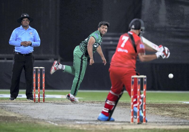 Sharjah, United Arab Emirates - Reporter: Paul Radley. Sport. Cricket. Fujairah's Ali Shan Sharafu bowls. The second season of the Emirates D10, Fujairah v Sharjah. Wednesday, March 24th, 2021. Sharjah. Chris Whiteoak / The National