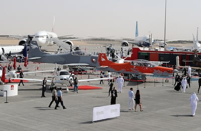 Visitors at the Dubai Air show at DWC. Pawan Singh / The National