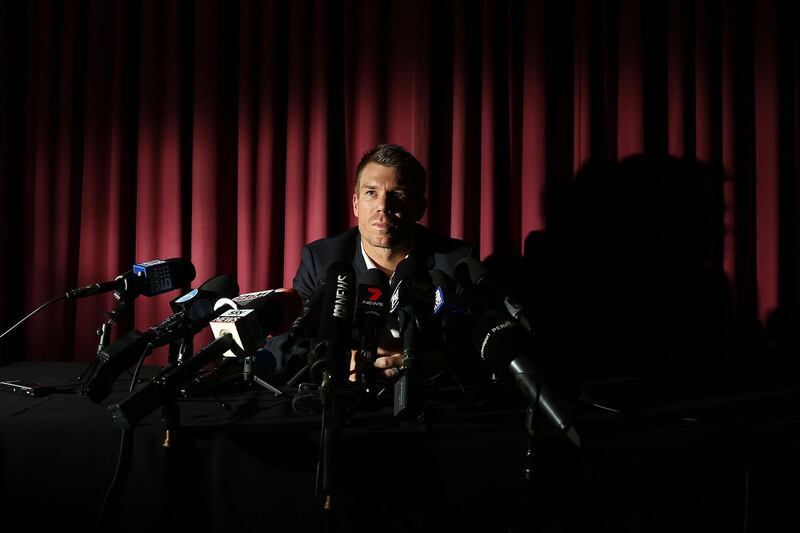 Australian cricketer David Warner speaks to the media during a press conference at Cricket NSW Offices in Sydney, Australia. Warner was banned from cricket for one year by Cricket Australia following the ball tampering incident in South Africa. Brendon Thorne / Getty Images