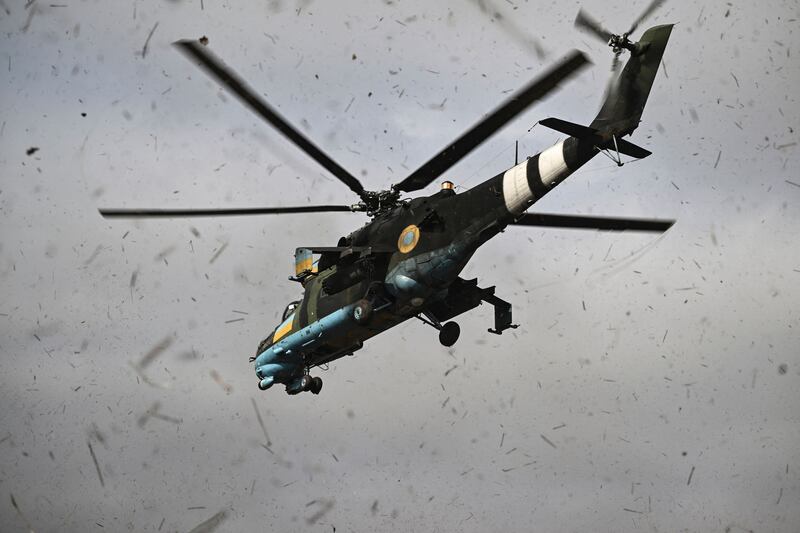 A Ukrainian Mi-24 fighting helicopter takes off for a mission against Russian targets. AFP