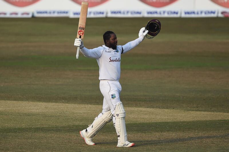 West Indies' Kyle Mayers celebrates after scoring a double century. AFP