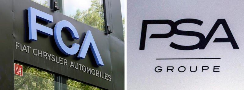 epa07960246 (FILE) - Signage of Italian-US car manufacturer FCA, Fiat Chrysler Automobiles, in Frankfurt am Main, Germany, 04 May 2018 (L) and PSA Group signage in Paris, France, 06 March 2017 (reissued 30 October 2019). Reports on 30 October 2019 state the European car manufacturers PSA Group and Fiat Chrysler Automobiles FCA are engaged is talks discussing a merger that would create a global automobile manufacturing giant valued at more than 44 billion euro.  EPA/MAURITZ ANTIN / CHRISTOPHE PETIT TESSON