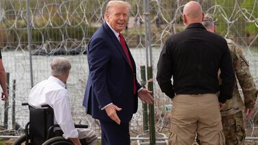 Republican presidential candidate former President Donald Trump gestures after waving to people across the Rio Grande in Mexico at Shelby Park during a visit to the U. S. -Mexico border, Thursday, Feb.  29, 2024, in Eagle Pass, Texas.  (AP Photo / Eric Gay)