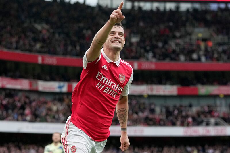 Arsenal's Granit Xhaka celebrates scoring his side's fourth goal against Leeds United at the Emirates Stadium. AP