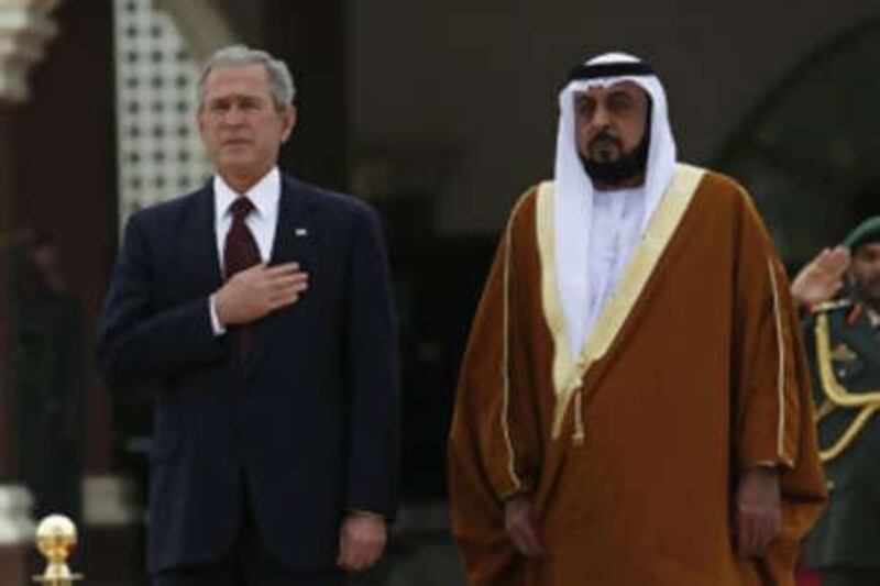 President Bush meets with Sheikh Khalifa during a visit to the UAE in January. Mr Bush has thanked Sheikh Khalifa for cancelling Iraq's debt and reopening the UAE's embassy in Baghdad.