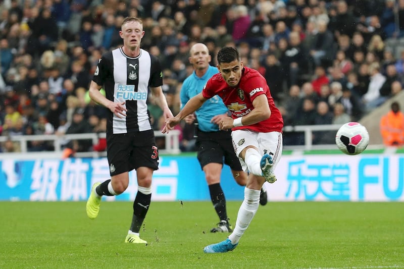 Andreas Pereira takes a shot at goal against Newcastle United. Getty Images
