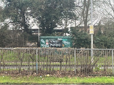 Pro-Palestine graffiti in Redbridge, north-east London, near the constituency office of MP Wes Streeting. The National