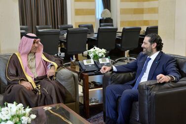 Lebanese Prime Minister Saad Hariri (R) meets with the Saudi King's envoy Nizar Bin Suleiman Al Aloula (L) at the Government Palace in downtown Beirut, Lebanon, 13 February 2019. EPA