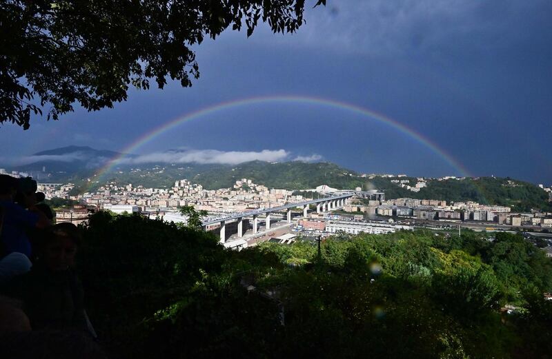 A rainbow over the new San Giorgio bridge on its August 3 inauguration day in Genoa, Italy. AFP