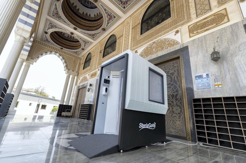 Dubai, United Arab Emirates - Reporter: N/A. News. Al Farooq Omar Bin Al Khattab Mosque in Dubai with their Covid-19 prevention measures as they prepare to open tomorrow. Tuesday, June 30th, 2020. Dubai. Chris Whiteoak / The National