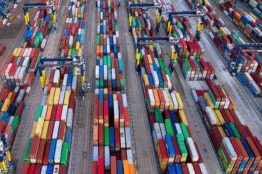 Stacked crates at Felixtowe Port in Suffolk.The first seven freeports will be open for business in England next year, with a further three planned in Wales, Scotland and Northern Ireland at a later date. Getty Images