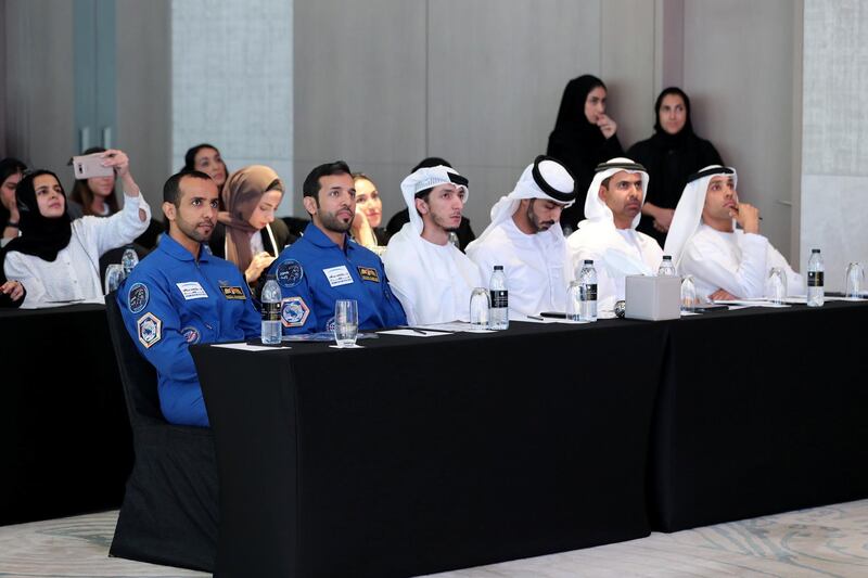 Dubai, United Arab Emirates - Reporter: Sarwat Nasir: The UAE's first Emirati astronaut Hazza Al Mansoori and back-up astronaut Sultan Al Nayadi (R). Press conference by MBRSC to announce details of search for next UAE astronaut. Tuesday, 3rd of March, 2020. Downtown, Dubai. Chris Whiteoak / The National