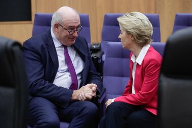Phil Hogan, the then European Commissioner for Trade, in conversation with European Commission President Ursula von der Leyen in Brussels in January. Mr Hogan resigned after he was was criticised for allegedly breaching coronavirus lockdown restrictions in his native Ireland. EPA