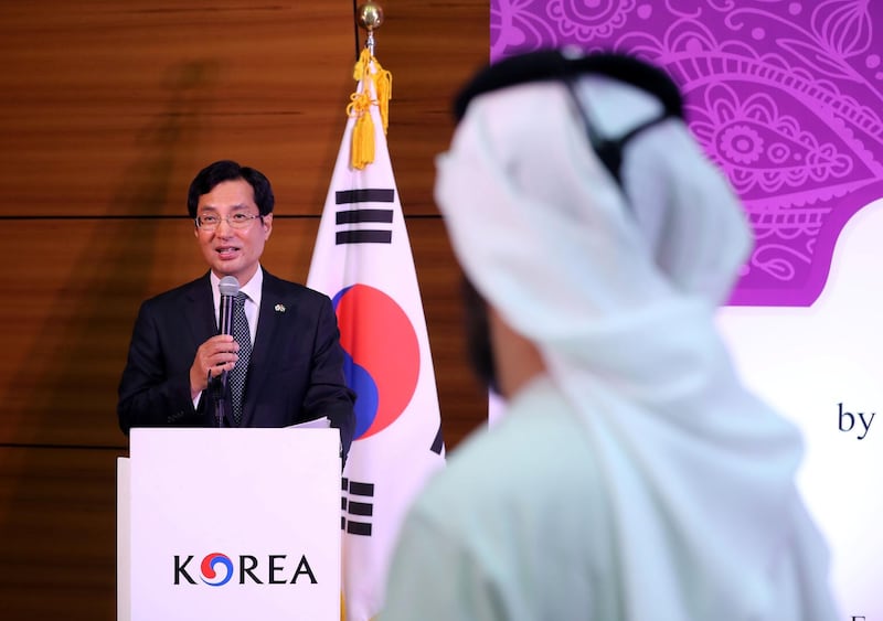 Abu Dhabi, United Arab Emirates - May 23rd, 2018: Ambassador Kangho Park at the Korean embassy cooking class and Iftar lead by Maxime Kim, Executive sous chef at the W Hotel, Dubai. Wednesday, May 23rd, 2018 at the Korean embassy, Abu Dhabi. Chris Whiteoak / The National
