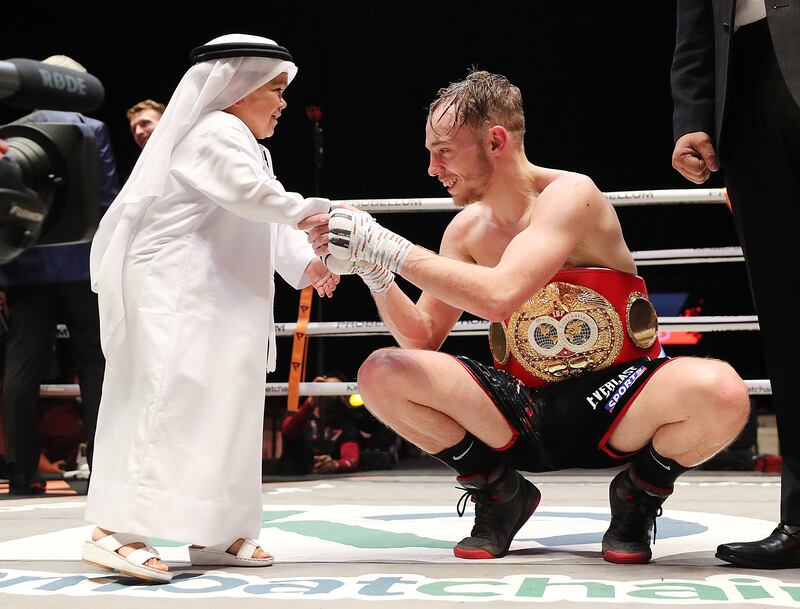 Sunny Edwards after winning the IBF World Flyweight title at the Coca Cola Arena, Dubai. Chris Whiteoak / The National