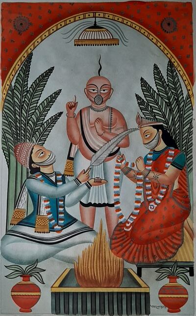 Work depicting a wedding during the pandemic where the bride, groom and priest wear a mask during a Hindu ceremony. Photo: Anwar Chitrakar