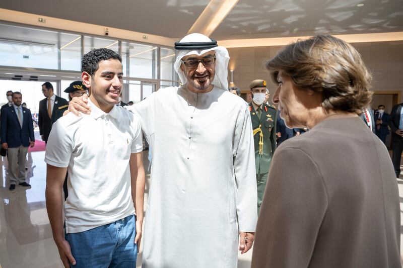 Sheikh Mohamed, with Sheikh Zayed bin Mohamed, speaks to Catherine Colonna. Photo: Presidential Court